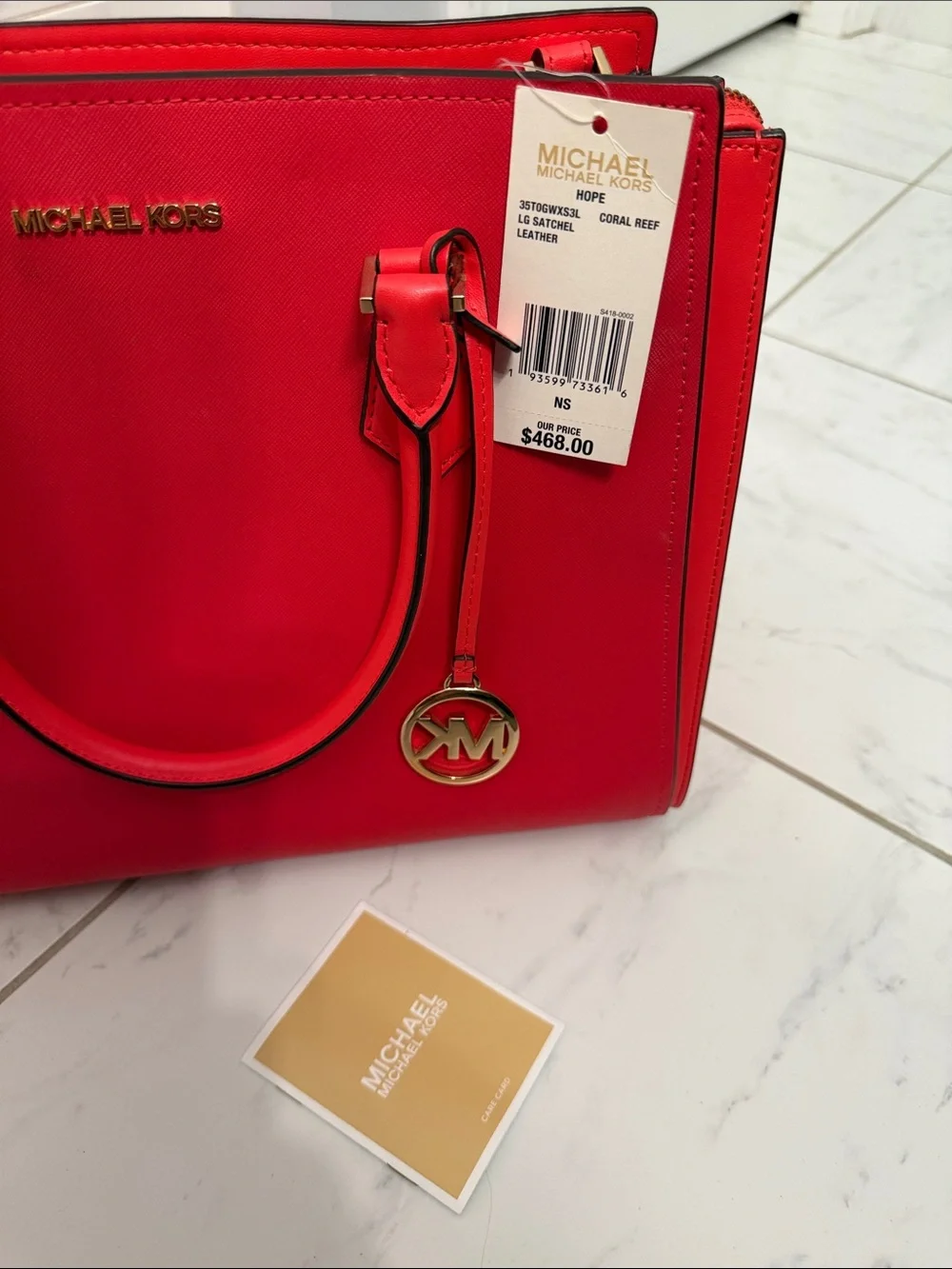 Michael Kors Red Saffiano Satchel with Gold Logo Charm